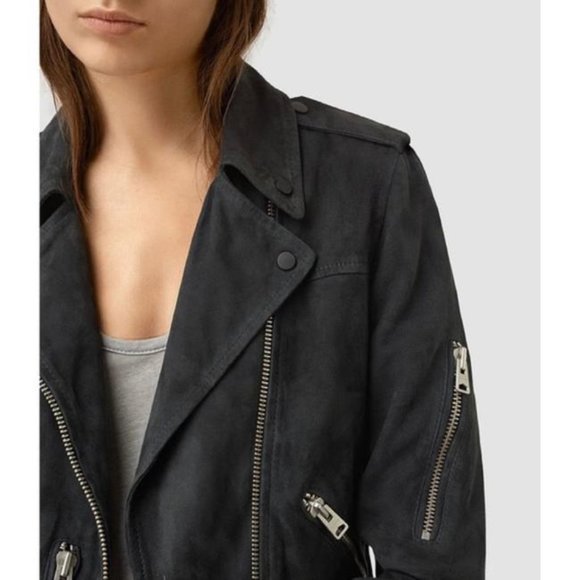 All Saints Edwards Biker Goat Suede Biker Jacket Navy/Gray Size US 2 - Picture 9 of 9
